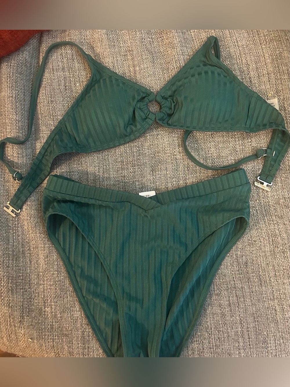 SHEIN Dark Green Ribbed Triangle Bikini with Ring